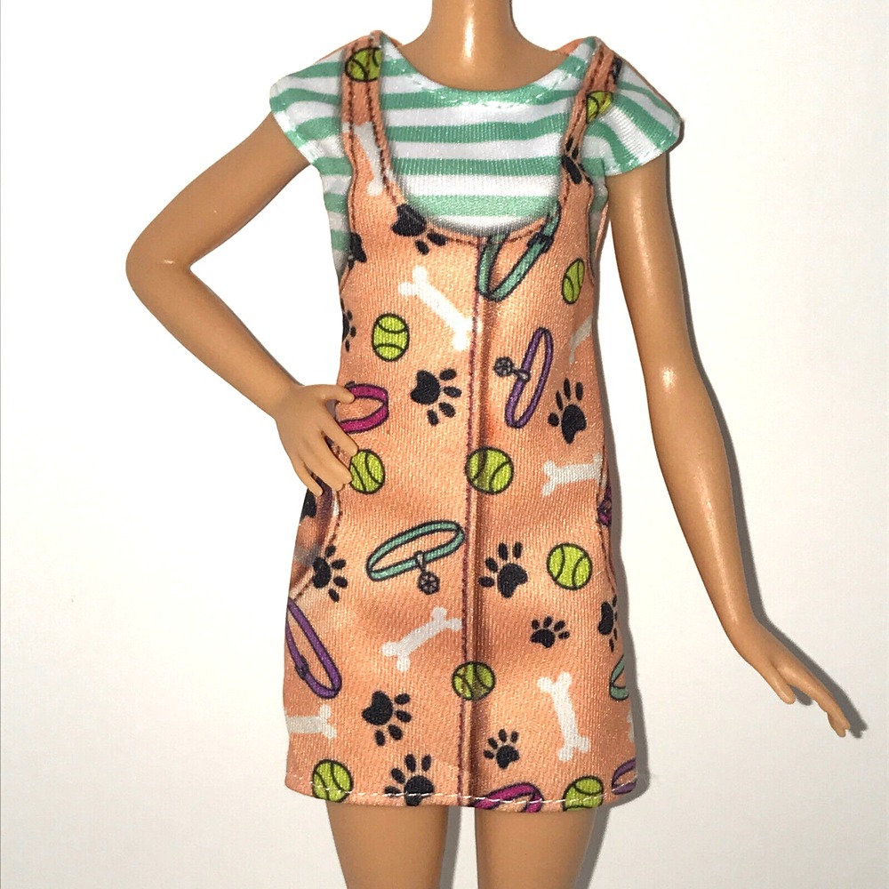 Barbie Doll Clothing Pet Boutique Paw Print Dog Printed Orange Dress